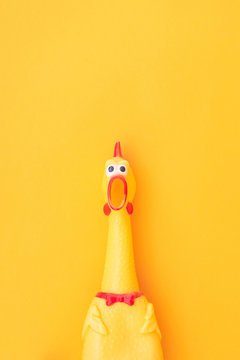Naklejki Shocked chicken toy is isolated on a yellow background, looks into the camera and yells. Toy chicken, shouting with a mouth open on a yellow background. Isolated