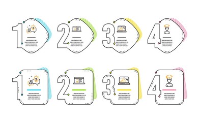 Web lectures, Graph laptop and Idea icons simple set. Student sign. Online test, Mobile report, Solution. Graduation cap. Education set. Infographic timeline. Line web lectures icon. Vector