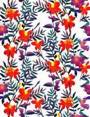 Watercolor floral seamless pattern. Bright botanical illustration with blooming marigold flowers isolated on white. Vintage style. Good for bedding, fabric, textile, wallpaper, wrapping, surface.