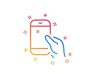 Hold Smartphone icon. Give Cellphone or Phone sign. Ð¡ommunication Mobile device symbol. Gradient design elements. Linear hold Smartphone icon. Random shapes. Vector