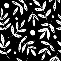Black-white seamless pattern, decorative leaves and dots