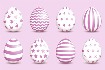 Set of realistic easter decorated eggs on coral background.