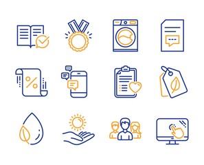 Bio tags, Comments and Loan percent icons simple set. Washing machine, Approved documentation and Patient history signs. Honor, Leaf dew and Sun protection symbols. Line bio tags icon. Colorful set
