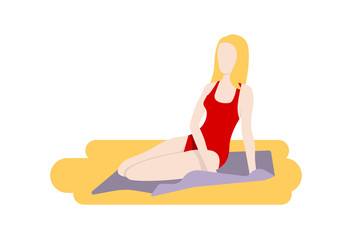  Girl on the beach tanning, sitting on a towel perched on the sand. Flat style vector illustration.