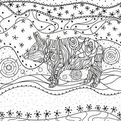 Monochrome wallpaper with ornate pig. Hand drawn waved ornaments on white. Abstract patterns on isolated background. Design for spiritual relaxation for adults. Line art. Black and white illustration