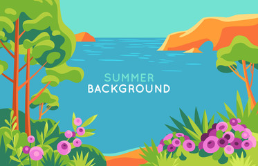 Fototapeta na wymiar Vector illustration in trendy flat and simple style - background with copy space for text - summer landscape - background for banner, greeting card