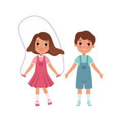 Obraz na płótnie Canvas Cute preschooler boy and girl characters, students of elementary school, stage of growing up concept vector Illustration on a white background