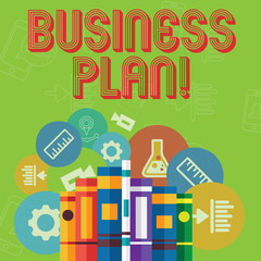 Conceptual hand writing showing Business Plan. Concept meaning setting out business future objectives for achieving them Books Arranged Standing in Row with Educational Icons Behind