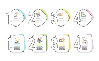 Credit card, Savings and Bitcoin graph icons simple set. Receive money sign. Loan percent, Cash coins, Cryptocurrency analytics. Cash payment. Finance set. Infographic timeline. Line credit card icon