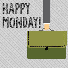 Text sign showing Happy Monday. Business photo showcasing indicate starting fresh new week welcoming it with smile Businessman Hand Carrying Colorful Briefcase Portfolio with Stitch Applique