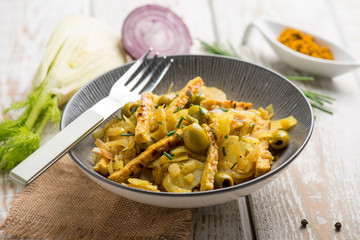 tempeh salad with fennel olives curry and chive