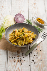 tempeh salad with fennel olives curry and chive