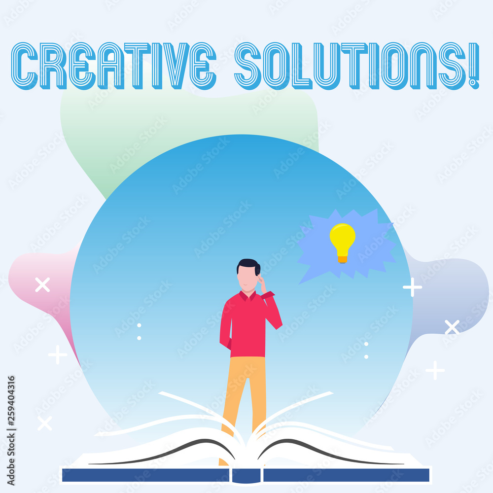 Fototapete Text sign showing Creative Solutions. Business photo showcasing mental process of creating unique solutions to problem Man Standing Behind Open Book, Hand on Head, Jagged Speech Bubble with Bulb