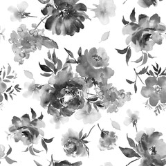 Watercolor floral seamless pattern for wallpaper, prints design. Flower background. Summer textile texture. Ornament illustration. Decorative monochrome flowers.