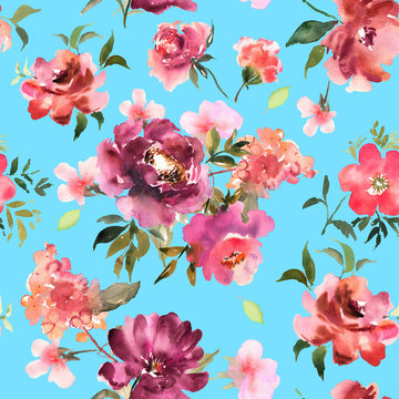 Watercolor floral seamless pattern for wallpaper, prints design. Flower background. Summer textile texture. Ornament illustration. Decorative flowers on blue backdrop
