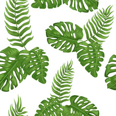 Fototapeta na wymiar Seamless pattern with tropical palm leaves on white background