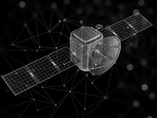 Futuristic satellite in space. Abstract polygonal space symbolizes global internet.