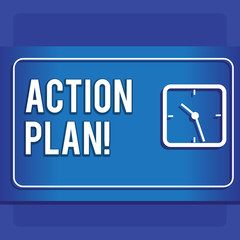 Writing note showing Action Plan. Business concept for proposed strategy or course of actions for certain time Modern Design of Square Clock on Two Tone Pastel Backdrop