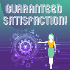 Word writing text Guaranteed Satisfaction. Business photo showcasing if buyer not satisfied product purchased will refund Woman Standing and Presenting the SEO Process with Cog Wheel Gear inside