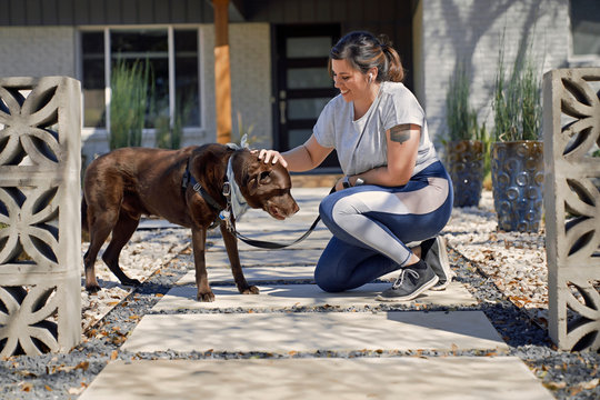 Smiling woman with dog kneeling outdoors