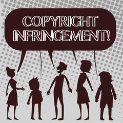 Handwriting text Copyright Infringement. Conceptual photo use of works protected by law without permission Silhouette Figure of People Talking and Sharing One Colorful Speech Bubble