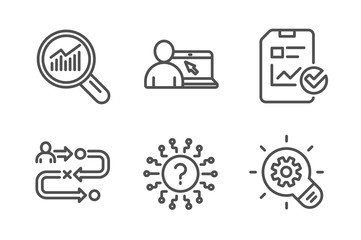 Report checklist, Data analysis and Question mark icons simple set. Journey path, Online education and Cogwheel signs. Sales growth file, Magnifying glass. Science set. Line report checklist icon