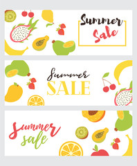 Set of summer sale flyers. Vector poster for summer sale with writing on seamless pattern with fruits