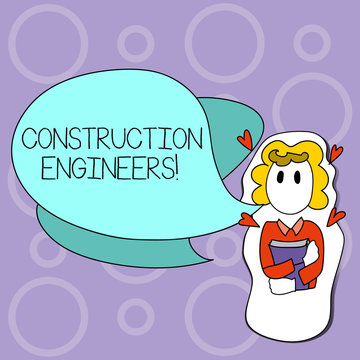 Writing note showing Construction Engineers. Business concept for discipline that deals with designing and planning Girl Holding Book with Hearts Around her and Speech Bubble