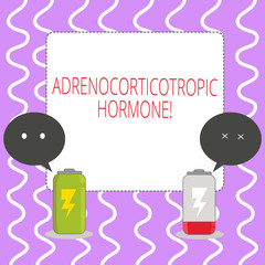 Conceptual hand writing showing Adrenocorticotropic Hormone. Concept meaning hormone secreted by pituitary gland cortex Fully Charge and Discharge Battery with Emoji Speech Bubble