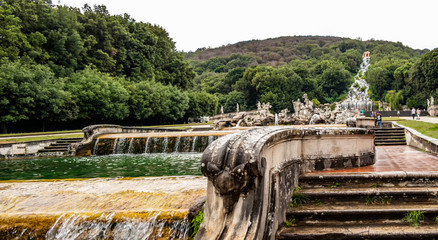 View of the fountains with statues of the Royal Palace of Caserta
