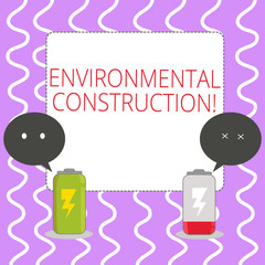 Conceptual hand writing showing Environmental Construction. Concept meaning knowledgeable about sustainable building practice Fully Charge and Discharge Battery with Emoji Speech Bubble