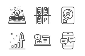 Parking place, Typewriter and Hdd icons simple set. Online documentation, Development plan and Phone messages signs. Transport, Inspiration. Technology set. Line parking place icon. Editable stroke