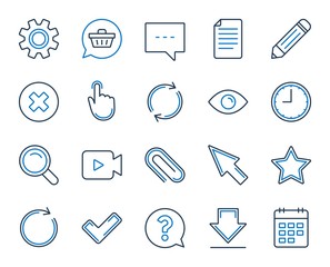 Document, Time, Calendar line icons. Question, Chat and Pencil icons. Cogwheel, Download calendar document, Attach clip. Mouse cursor, Magnifier and Shopping cart. Clock time, question mark. Vector