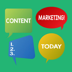 Word writing text Content Marketing. Business photo showcasing involves creation and sharing of online material as videos Blank Speech Bubble Sticker in Different Shapes and Color for Multiple Chat