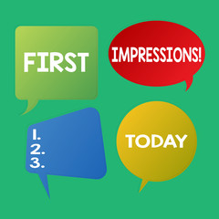 Word writing text First Impressions. Business photo showcasing idea feeling or opinion about something or someone Blank Speech Bubble Sticker in Different Shapes and Color for Multiple Chat