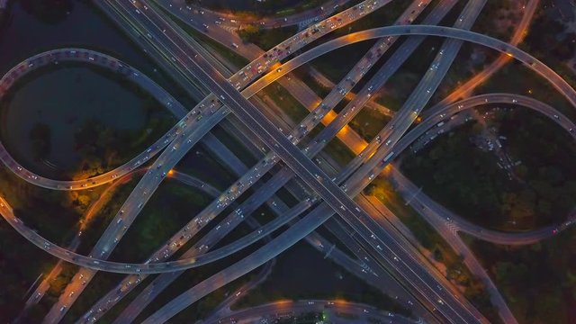 Top view of the expressway, motorway and highway in the detail of circus intersection