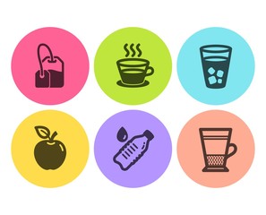 Ice tea, Apple and Coffee cup icons simple set. Tea bag, Water bottle and Double latte signs. Soda beverage, Fruit. Food and drink set. Flat ice tea icon. Circle button. Vector