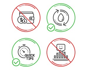 Do or Stop. Buying accessory, Quick tips and Refill water icons simple set. Smile sign. Wallet with coins, Helpful tricks, Recycle aqua. Positive feedback. Line buying accessory do icon. Vector