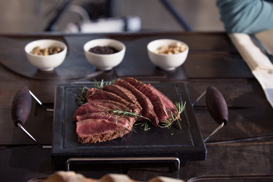 Close up of meat served on table