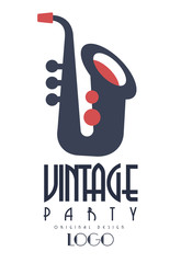 Retro vintage party oroginal logo design, emblem with saxophone for poster, banner, flyer, card, brochure, invitation card vector Illustration