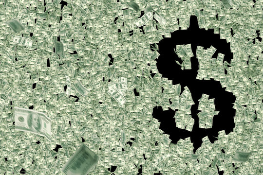 Geld formt Dollar-Zeichen $. Viel Geld fliegt umher und formt ein Dollar Zeichen $. Symbol auf schwarzem Hintergrund wir von Geld ausgespart