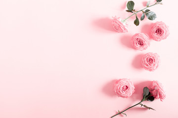 Beautiful flowers composition. Pink rose flowers on pastel pink background. Valentines Day, Easter,...