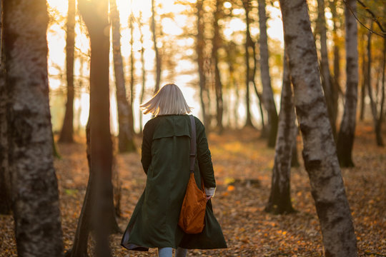 Rear view of woman with bleached hair walking in forest during sunset