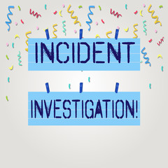 Text sign showing Incident Investigation. Business photo text Account and analysis of an incident based on evidence Two Color Blank Strip Size Lined Paper Sheet Hanging Using Blue Clothespin