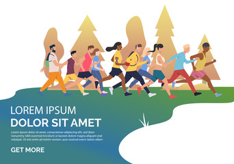 Slide page with people running marathon vector illustration