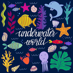 Vector hand drawn illustration of underwater animals and underwater plantings.