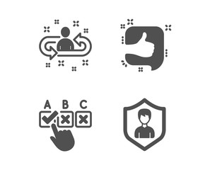 Set of Recruitment, Correct checkbox and Like icons. Security agency sign. Manager change, Answer, Thumb up. People protection.  Classic design recruitment icon. Flat design. Vector