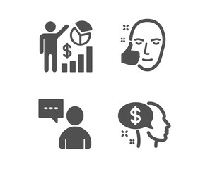 Set of Seo statistics, Healthy face and Users chat icons. Pay sign. Analytics chart, Healthy cosmetics, Communication concept. Beggar.  Classic design seo statistics icon. Flat design. Vector