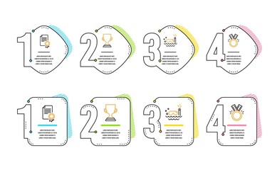 Award cup, Scuba diving and Certificate icons simple set. Honor sign. Trophy, Trip swimming, Diploma. Medal. Sports set. Infographic timeline. Line award cup icon. 4 options or steps. Vector