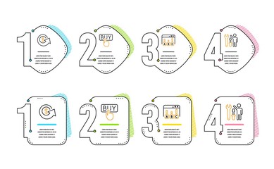 Buying, Survey results and Dollar exchange icons simple set. Repairman sign. E-commerce shopping, Best answer, Money refund. Repair screwdriver. Technology set. Infographic timeline. Line buying icon